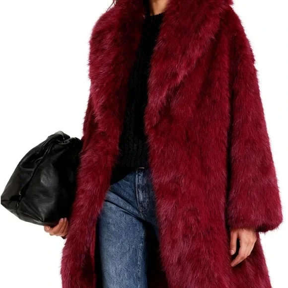 Luxurious Red midi trench long Faux Fur Coat - Picture 5 of 6
